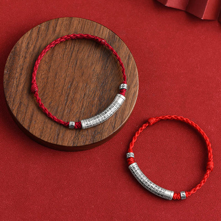 Pulsera tobillera con cuerda de la suerte tallada con Sutra del corazón Om Mani Padme Hum en plata de ley 999 hecha a mano con Buddha Stones