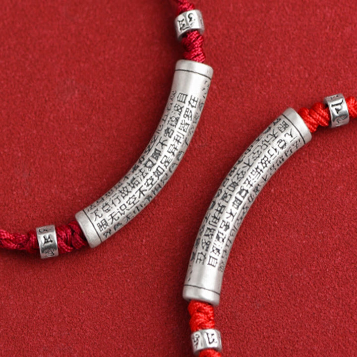 Pulsera tobillera con cuerda de la suerte tallada con Sutra del corazón Om Mani Padme Hum en plata de ley 999 hecha a mano con Buddha Stones