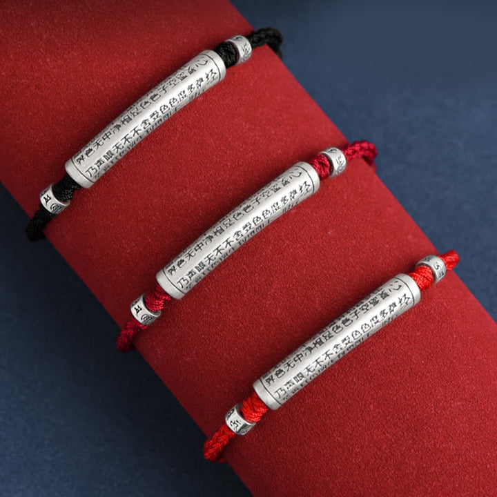 Pulsera tobillera con cuerda de la suerte tallada con Sutra del corazón Om Mani Padme Hum en plata de ley 999 hecha a mano con Buddha Stones