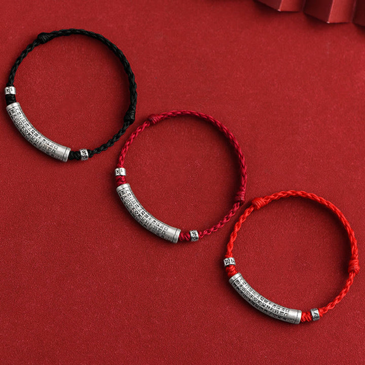 Pulsera tobillera con cuerda de la suerte tallada con Sutra del corazón Om Mani Padme Hum en plata de ley 999 hecha a mano con Buddha Stones