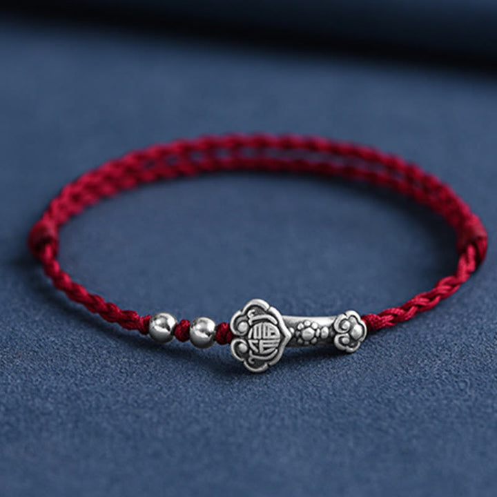 Pulsera de cuerda de la fortuna hecha a mano con Buddha Stones en plata de ley 999 con el personaje Fu y el mango de Ruyi