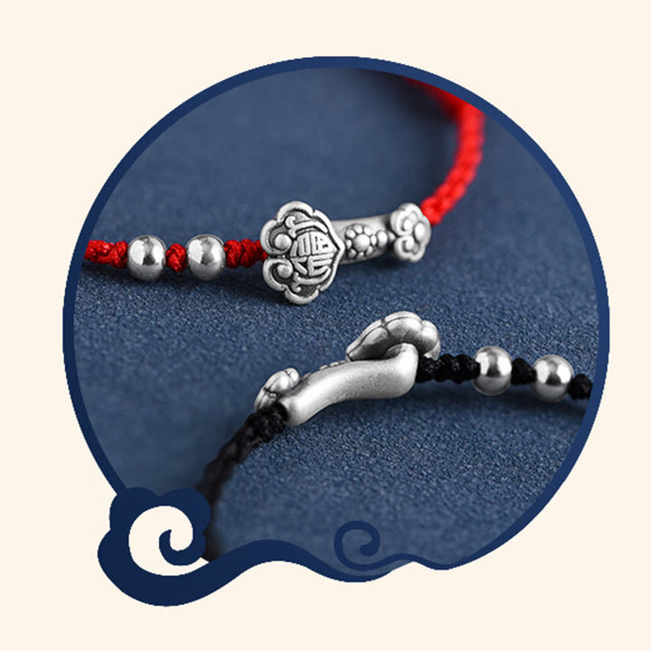 Pulsera de cuerda de la fortuna hecha a mano con Buddha Stones en plata de ley 999 con el personaje Fu y el mango de Ruyi