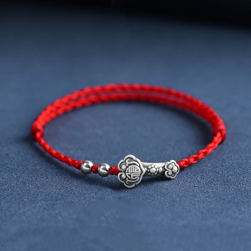 Pulsera de cuerda de la fortuna hecha a mano con Buddha Stones en plata de ley 999 con el personaje Fu y el mango de Ruyi