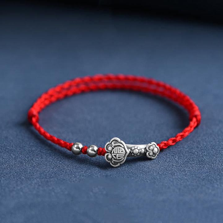 Pulsera de cuerda de la fortuna hecha a mano con Buddha Stones en plata de ley 999 con el personaje Fu y el mango de Ruyi