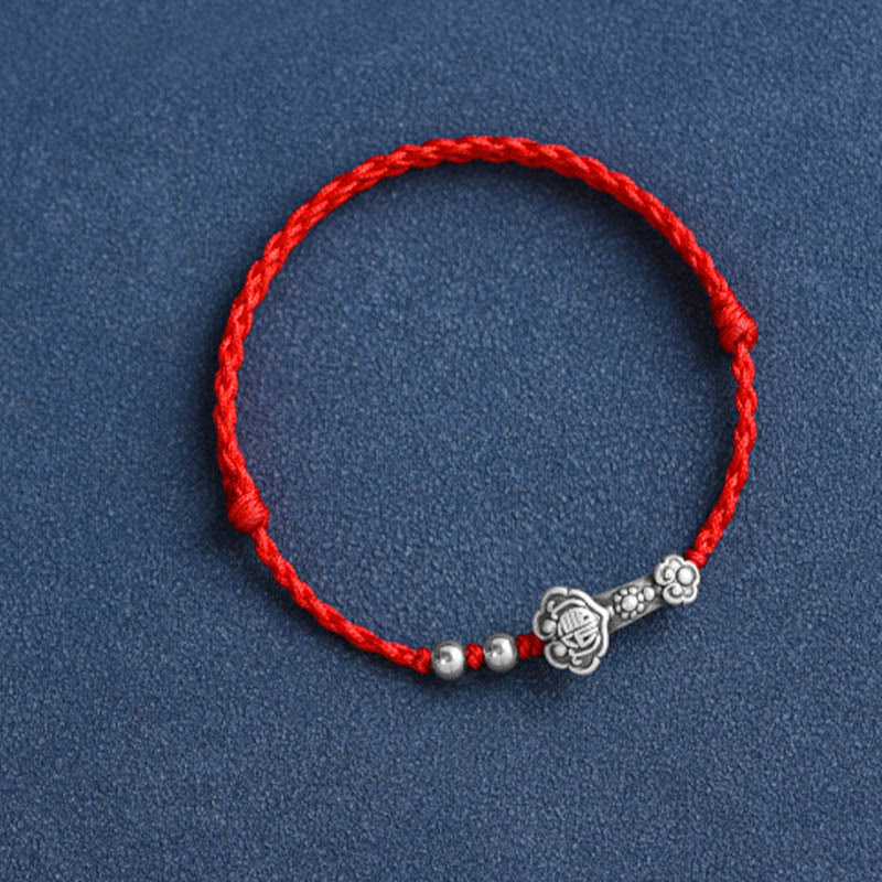 Pulsera de cuerda de la fortuna hecha a mano con Buddha Stones en plata de ley 999 con el personaje Fu y el mango de Ruyi