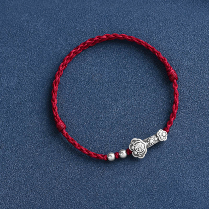 Pulsera de cuerda de la fortuna hecha a mano con Buddha Stones en plata de ley 999 con el personaje Fu y el mango de Ruyi