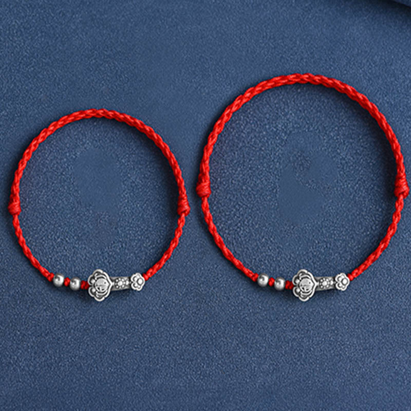 Pulsera de cuerda de la fortuna hecha a mano con Buddha Stones en plata de ley 999 con el personaje Fu y el mango de Ruyi