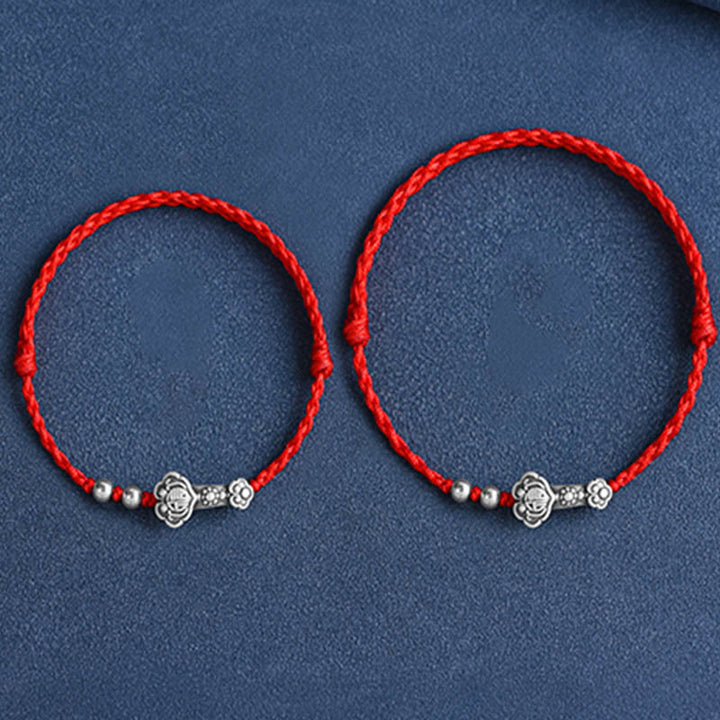 Pulsera de cuerda de la fortuna hecha a mano con Buddha Stones en plata de ley 999 con el personaje Fu y el mango de Ruyi