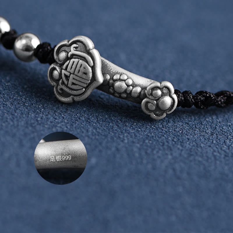 Pulsera de cuerda de la fortuna hecha a mano con Buddha Stones en plata de ley 999 con el personaje Fu y el mango de Ruyi