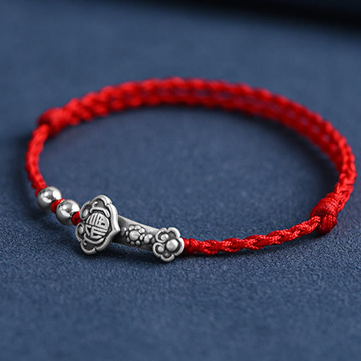Pulsera de cuerda de la fortuna hecha a mano con Buddha Stones en plata de ley 999 con el personaje Fu y el mango de Ruyi
