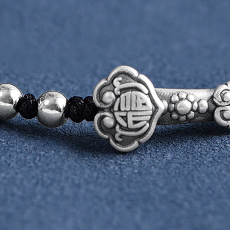 Pulsera de cuerda de la fortuna hecha a mano con Buddha Stones en plata de ley 999 con el personaje Fu y el mango de Ruyi