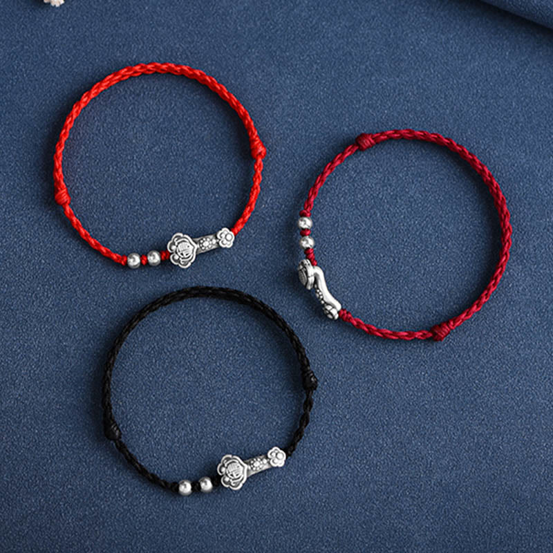 Pulsera de cuerda de la fortuna hecha a mano con Buddha Stones en plata de ley 999 con el personaje Fu y el mango de Ruyi