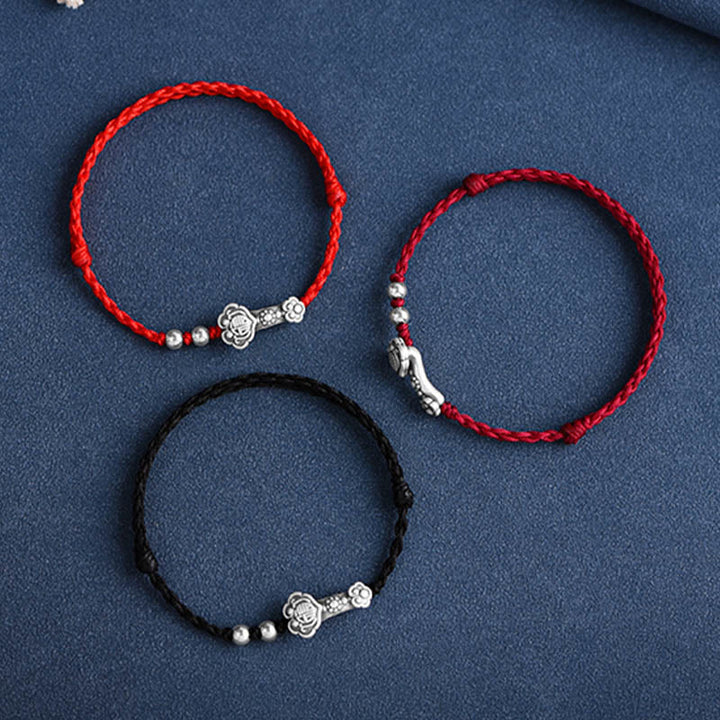 Pulsera de cuerda de la fortuna hecha a mano con Buddha Stones en plata de ley 999 con el personaje Fu y el mango de Ruyi