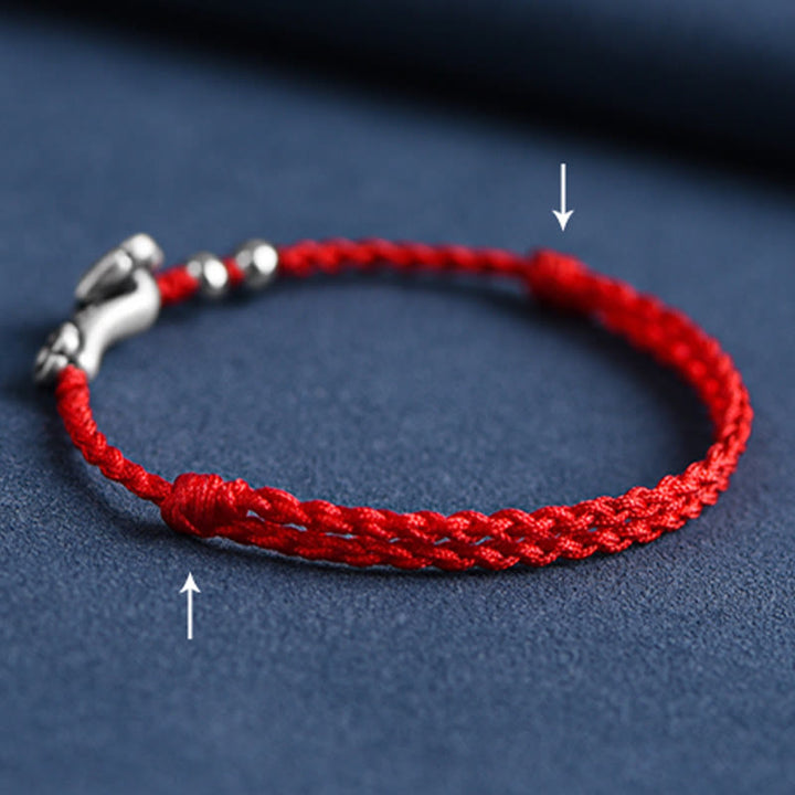 Pulsera de cuerda de la fortuna hecha a mano con Buddha Stones en plata de ley 999 con el personaje Fu y el mango de Ruyi