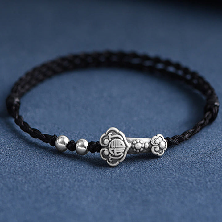 Pulsera de cuerda de la fortuna hecha a mano con Buddha Stones en plata de ley 999 con el personaje Fu y el mango de Ruyi