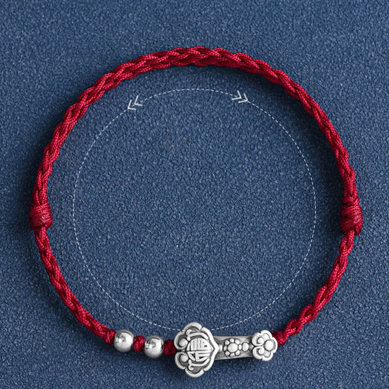Pulsera de cuerda de la fortuna hecha a mano con Buddha Stones en plata de ley 999 con el personaje Fu y el mango de Ruyi