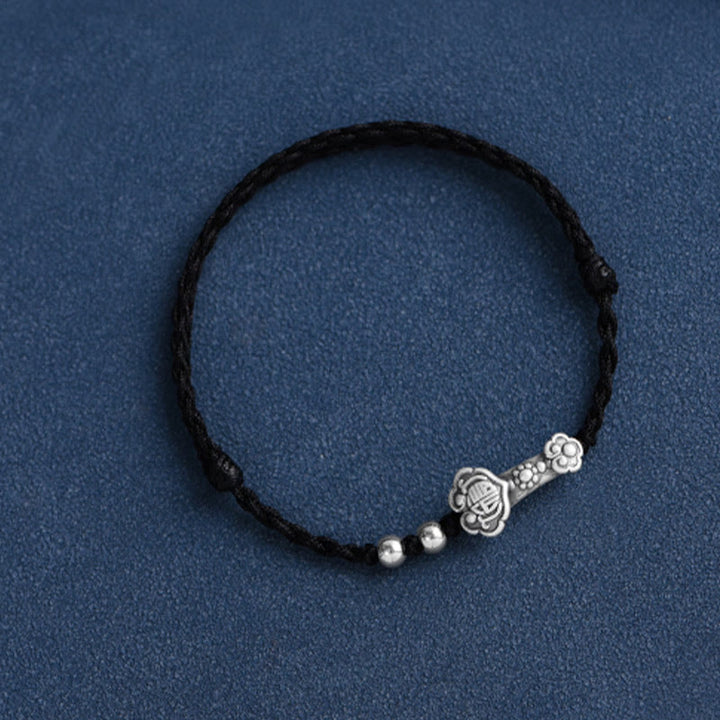 Pulsera de cuerda de la fortuna hecha a mano con Buddha Stones en plata de ley 999 con el personaje Fu y el mango de Ruyi