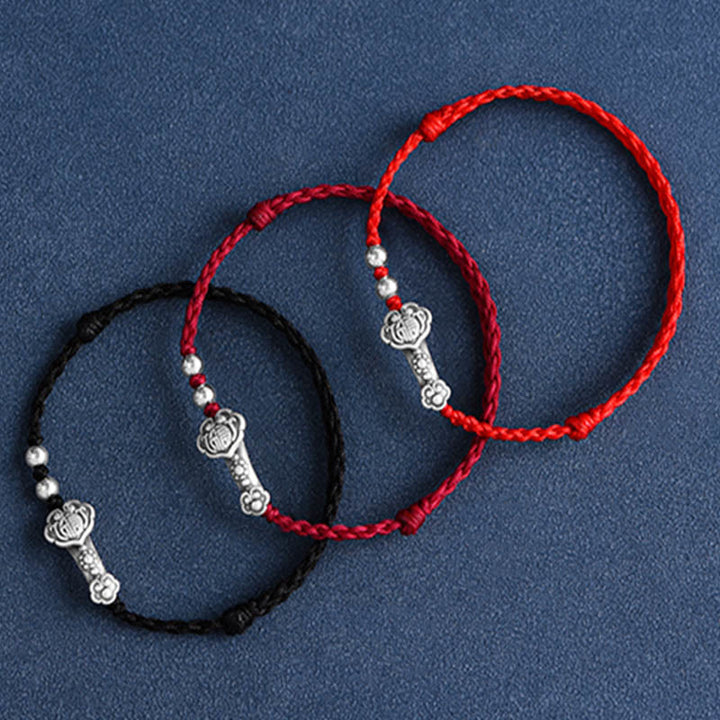 Pulsera de cuerda de la fortuna hecha a mano con Buddha Stones en plata de ley 999 con el personaje Fu y el mango de Ruyi