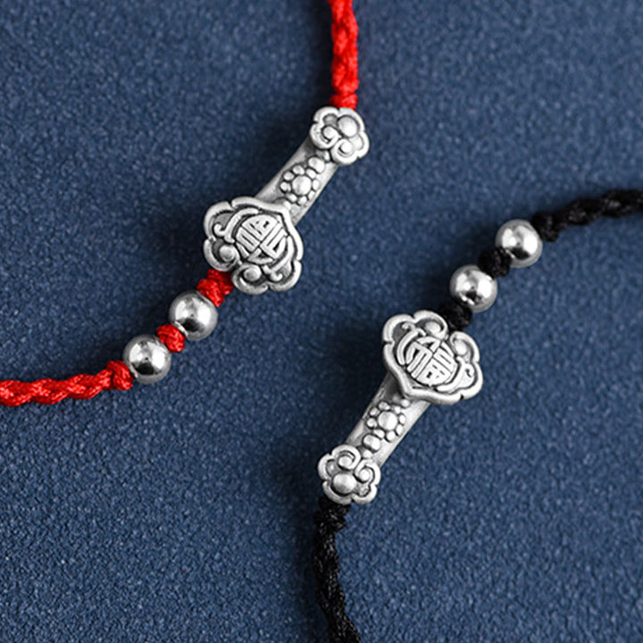 Pulsera de cuerda de la fortuna hecha a mano con Buddha Stones en plata de ley 999 con el personaje Fu y el mango de Ruyi