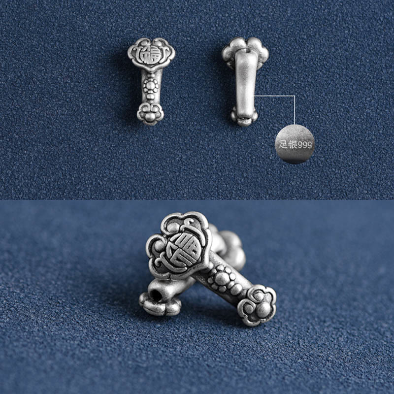 Pulsera de cuerda de la fortuna hecha a mano con Buddha Stones en plata de ley 999 con el personaje Fu y el mango de Ruyi