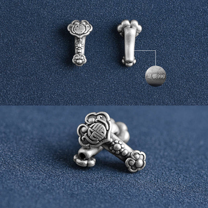 Pulsera de cuerda de la fortuna hecha a mano con Buddha Stones en plata de ley 999 con el personaje Fu y el mango de Ruyi