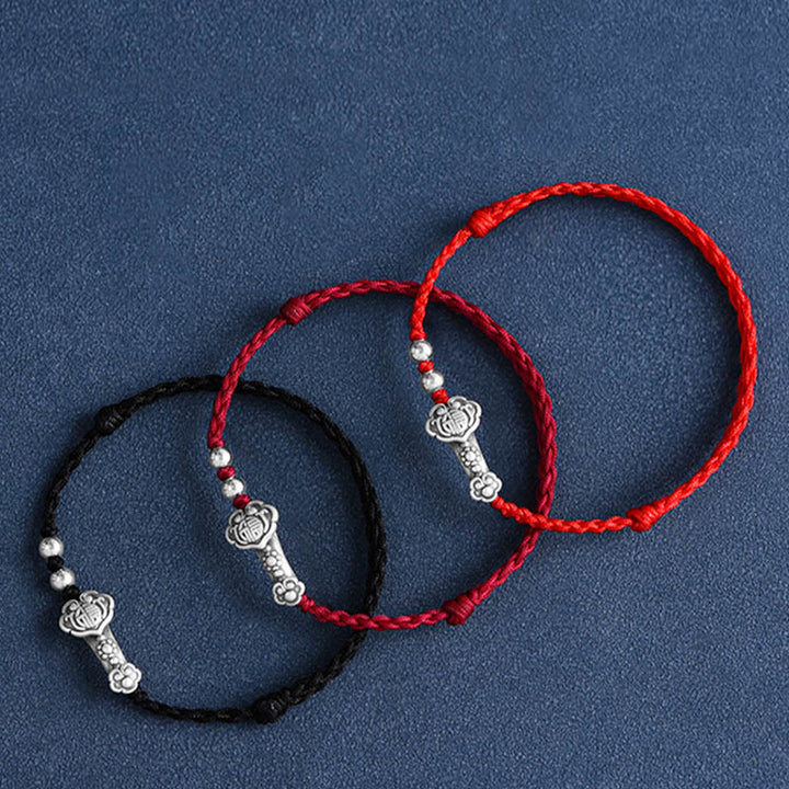 Pulsera de cuerda de la fortuna hecha a mano con Buddha Stones en plata de ley 999 con el personaje Fu y el mango de Ruyi