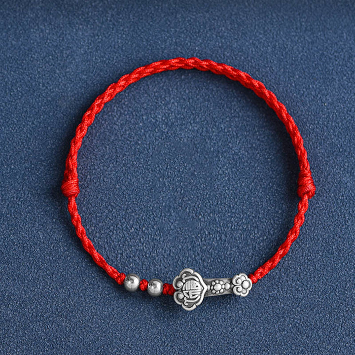 Pulsera de cuerda de la fortuna hecha a mano con Buddha Stones en plata de ley 999 con el personaje Fu y el mango de Ruyi