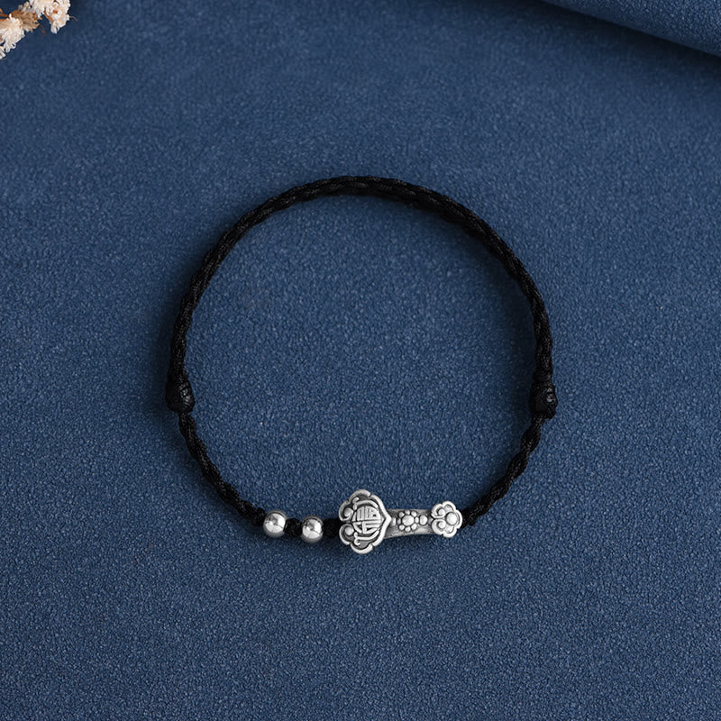 Pulsera de cuerda de la fortuna hecha a mano con Buddha Stones en plata de ley 999 con el personaje Fu y el mango de Ruyi