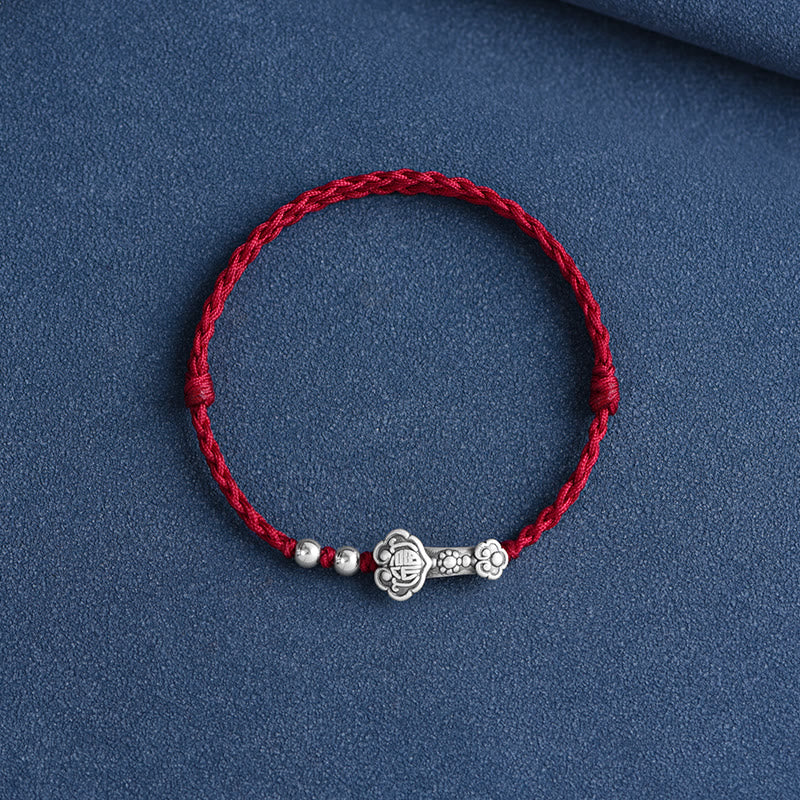 Pulsera de cuerda de la fortuna hecha a mano con Buddha Stones en plata de ley 999 con el personaje Fu y el mango de Ruyi