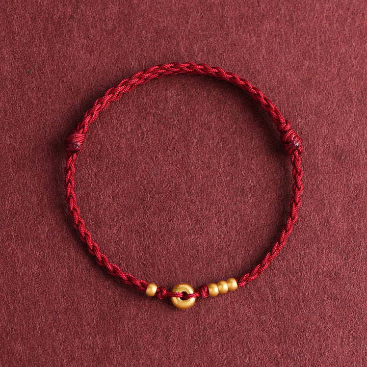 Pulsera de tobillo con cuerda trenzada de la suerte hecha a mano con diseño de hebilla de paz pequeña de oro 999 y Buddha Stones - Tobillera (circunferencia 18-30cm) - Rojo oscuro - image 12
