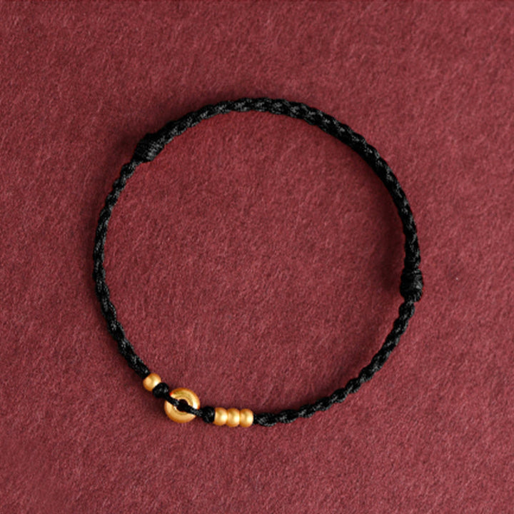 Pulsera de tobillo con cuerda trenzada de la suerte hecha a mano con diseño de hebilla de paz pequeña de oro 999 y Buddha Stones