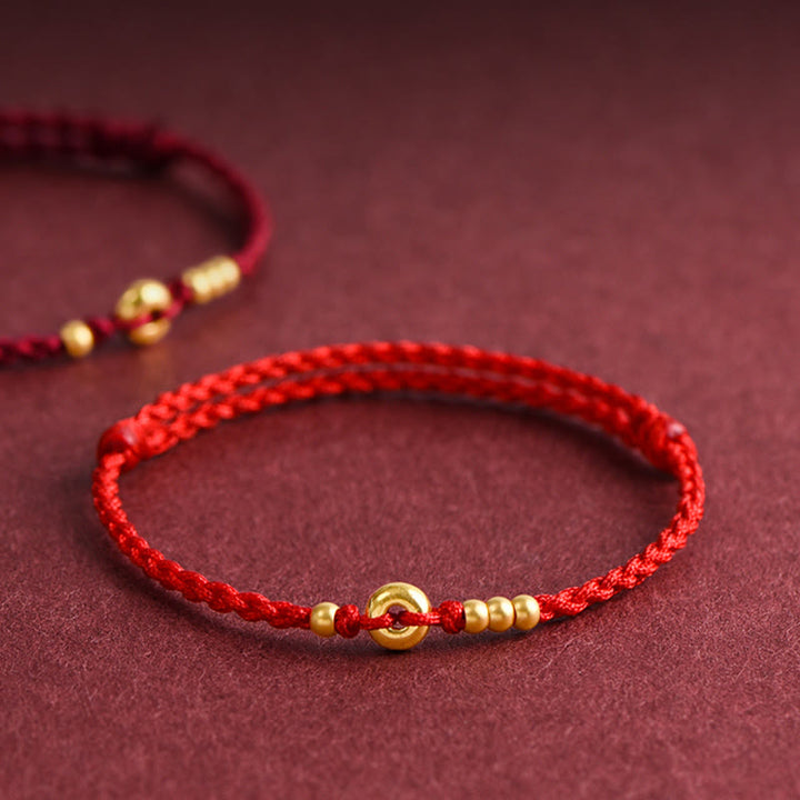 Pulsera de tobillo con cuerda trenzada de la suerte hecha a mano con diseño de hebilla de paz pequeña de oro 999 y Buddha Stones - Tobillera (circunferencia 18-30cm) - Rojo - image 0