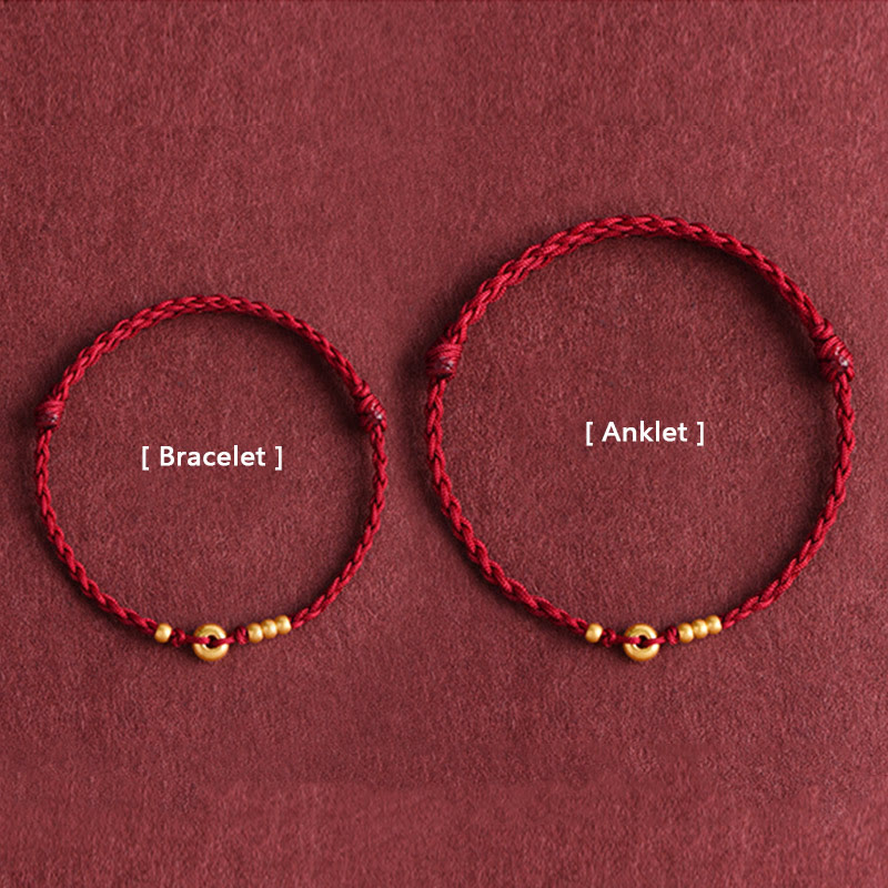 Pulsera de tobillo con cuerda trenzada de la suerte hecha a mano con diseño de hebilla de paz pequeña de oro 999 y Buddha Stones