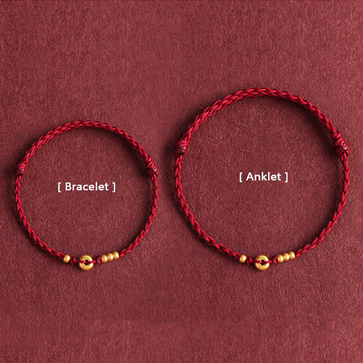 Pulsera de tobillo con cuerda trenzada de la suerte hecha a mano con diseño de hebilla de paz pequeña de oro 999 y Buddha Stones