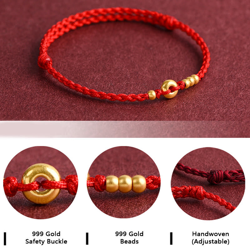 Pulsera de tobillo con cuerda trenzada de la suerte hecha a mano con diseño de hebilla de paz pequeña de oro 999 y Buddha Stones