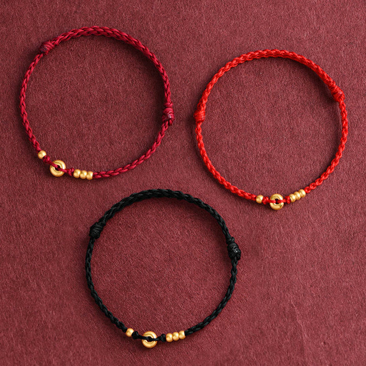 Pulsera de tobillo con cuerda trenzada de la suerte hecha a mano con diseño de hebilla de paz pequeña de oro 999 y Buddha Stones