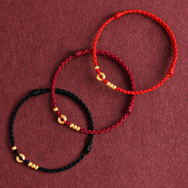 Pulsera de tobillo con cuerda trenzada de la suerte hecha a mano con diseño de hebilla de paz pequeña de oro 999 y Buddha Stones