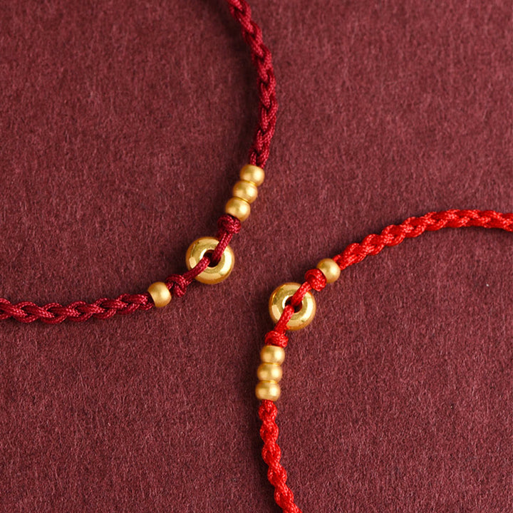 Pulsera de tobillo con cuerda trenzada de la suerte hecha a mano con diseño de hebilla de paz pequeña de oro 999 y Buddha Stones