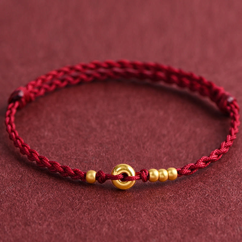 Pulsera de tobillo con cuerda trenzada de la suerte hecha a mano con diseño de hebilla de paz pequeña de oro 999 y Buddha Stones