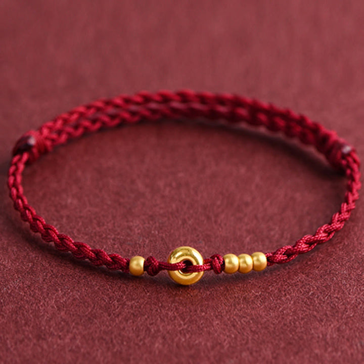 Pulsera de tobillo con cuerda trenzada de la suerte hecha a mano con diseño de hebilla de paz pequeña de oro 999 y Buddha Stones