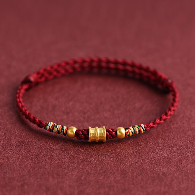 Pulsera de tobillo con cuerda trenzada de la suerte hecha a mano con diseño en forma de cubo pequeño de oro 999 con Buddha Stones - Tobillera (Circunferencia 18-30 cm) - Rojo oscuro - image 0