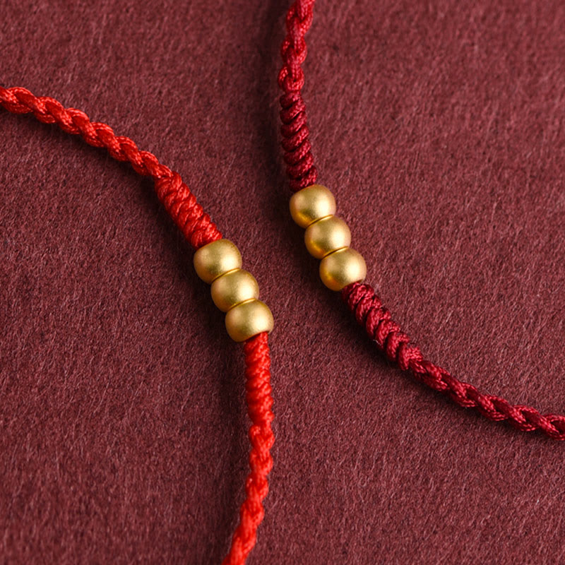 Pulsera de tobillo con cuerda de la suerte hecha a mano con diseño de tres cuentas en oro 999 y Buddha Stones