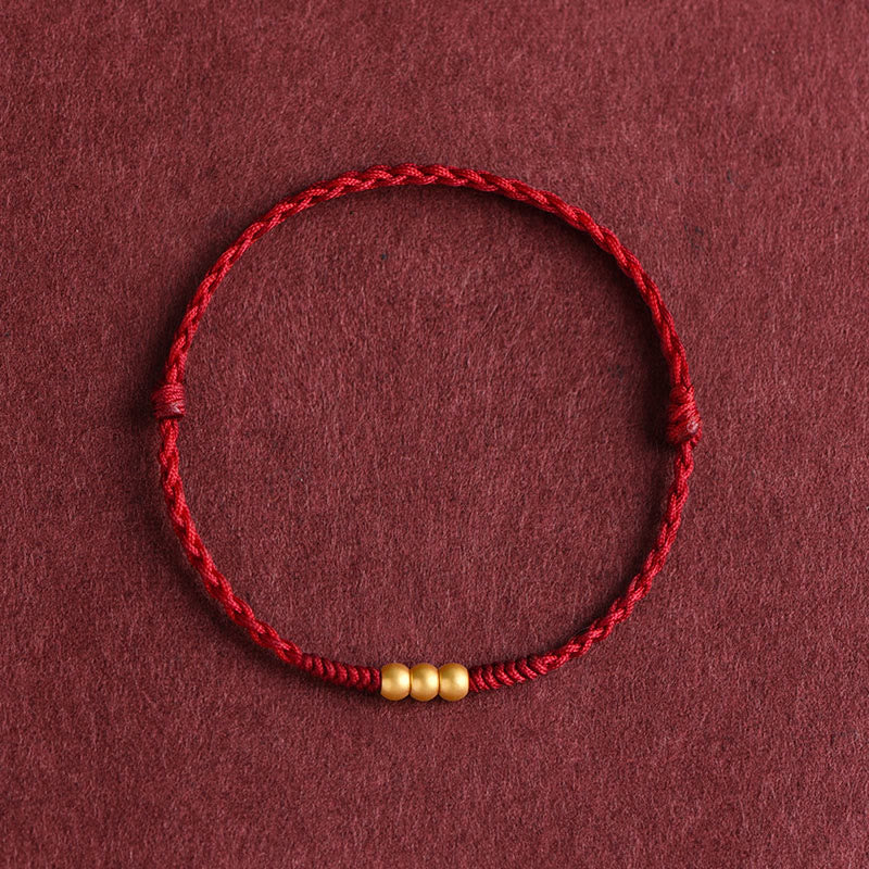 Pulsera de tobillo con cuerda de la suerte hecha a mano con diseño de tres cuentas en oro 999 y Buddha Stones - Tobillera (circunferencia 18-30cm) - Rojo oscuro - image 7