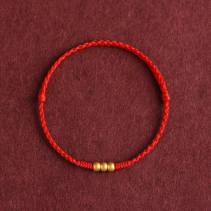 Pulsera de tobillo con cuerda de la suerte hecha a mano con diseño de tres cuentas en oro 999 y Buddha Stones - Tobillera (circunferencia 18-30cm) - Rojo - image 0