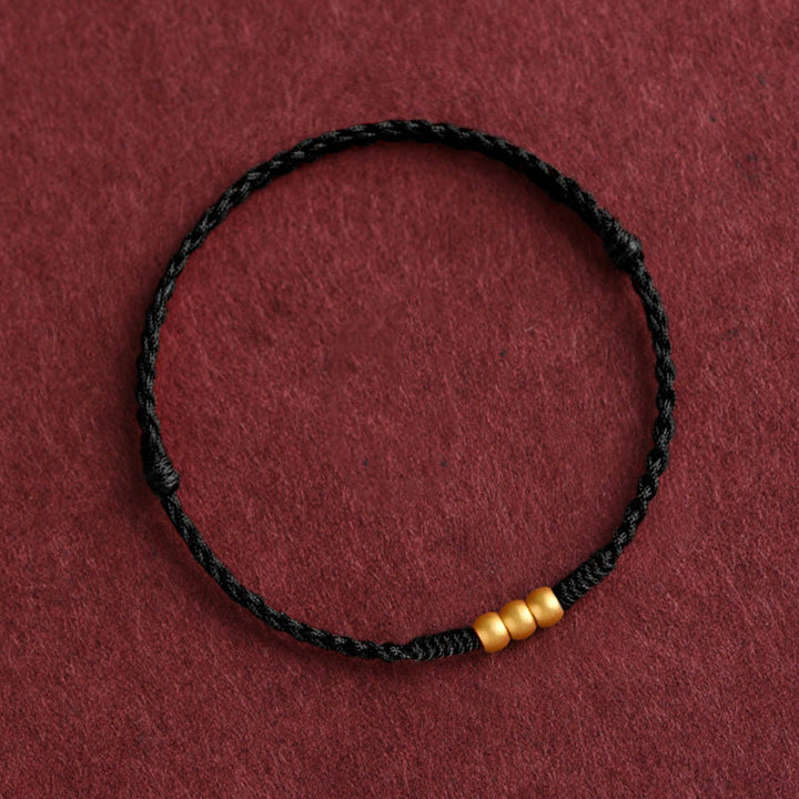 Pulsera de tobillo con cuerda de la suerte hecha a mano con diseño de tres cuentas en oro 999 y Buddha Stones