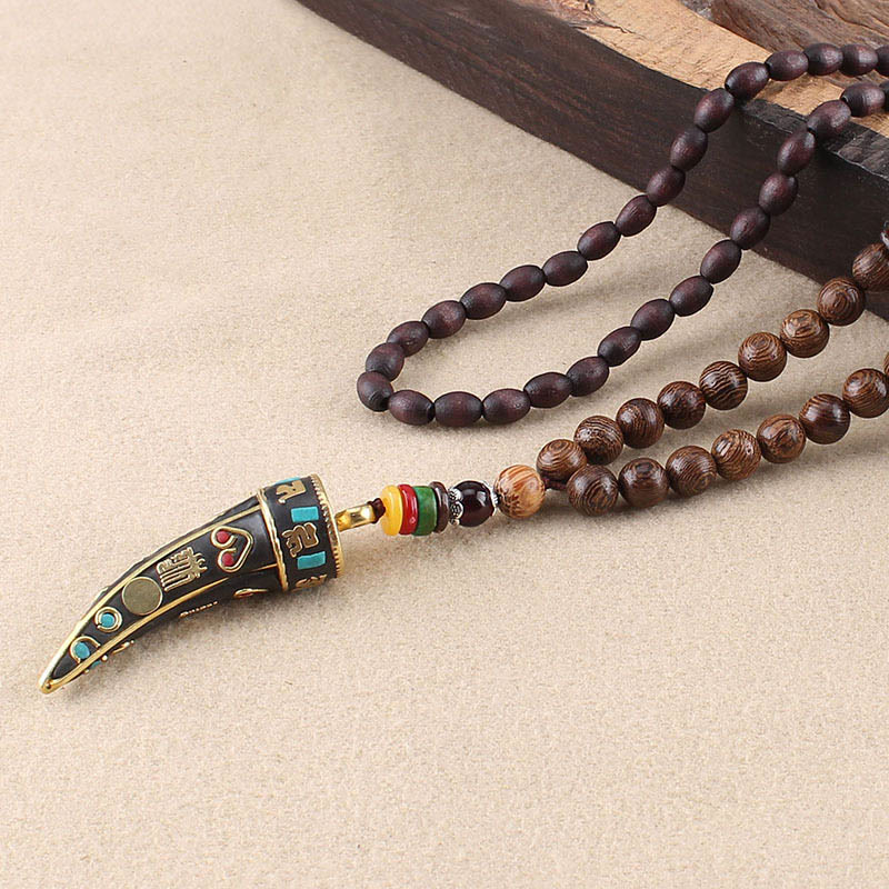 Collar con colgante de protección con diseño de cuerno de mantra con símbolo OM Om Mani Padme Hum de madera de wengué del Tíbet y Buddha Stones - Madera de wengué y Om Mani Padme Hum - image 2
