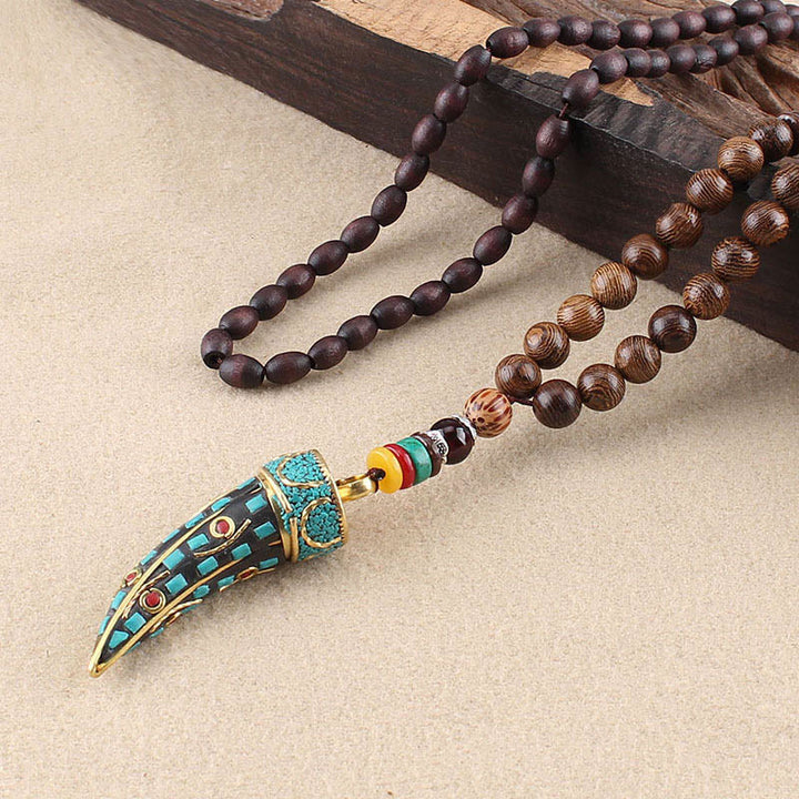 Collar con colgante de protección con diseño de cuerno de mantra con símbolo OM Om Mani Padme Hum de madera de wengué del Tíbet y Buddha Stones - Madera wengué y turquesa - image 10