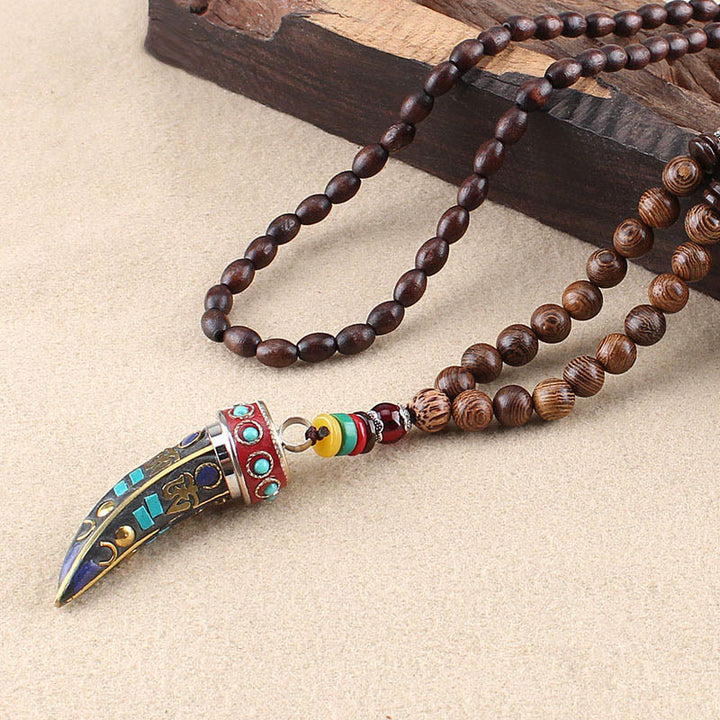 Collar con colgante de protección con diseño de cuerno de mantra con símbolo OM Om Mani Padme Hum de madera de wengué del Tíbet y Buddha Stones - Mantra de madera de wengué y Om - image 13