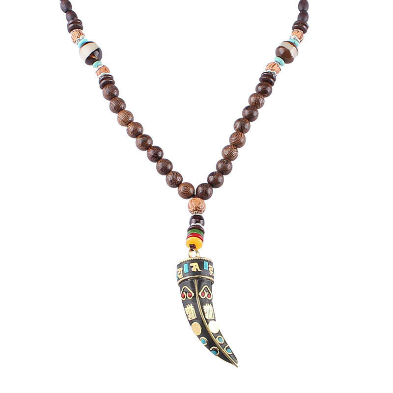 Collar con colgante de protección con diseño de cuerno de mantra con símbolo OM Om Mani Padme Hum de madera de wengué del Tíbet y Buddha Stones - image 7