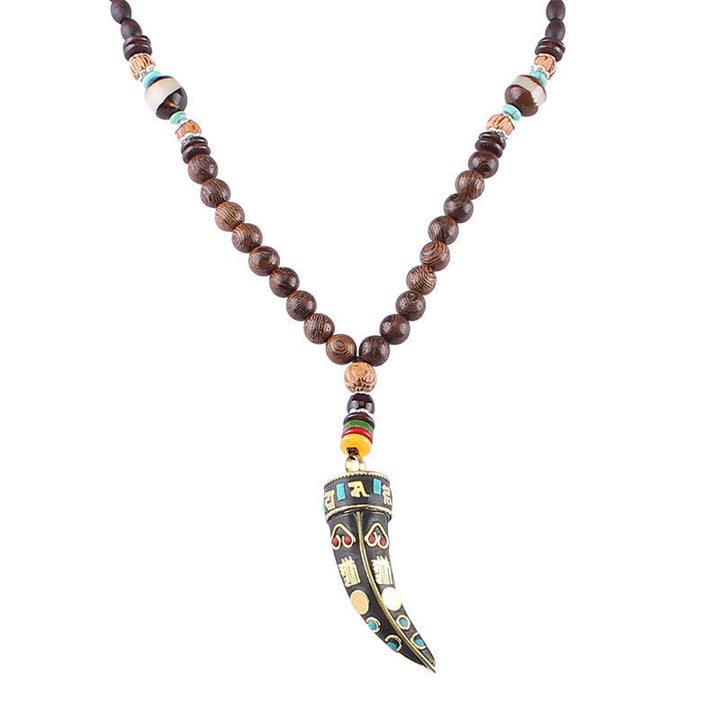 Collar con colgante de protección con diseño de cuerno de mantra con símbolo OM Om Mani Padme Hum de madera de wengué del Tíbet y Buddha Stones - image 7